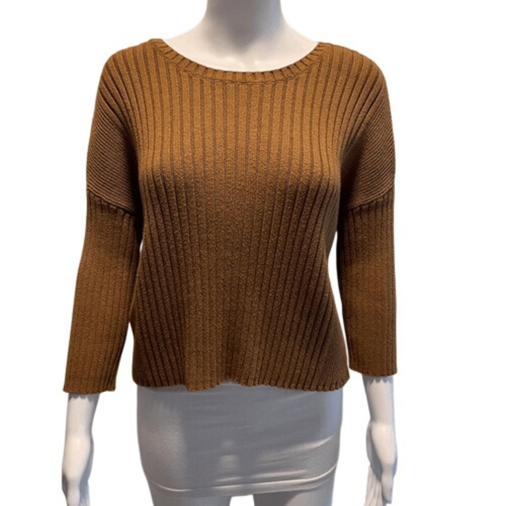 Cabi‎ Luna Ribbed Knit Sweater Brown Cotton Blend Pullover Size Small